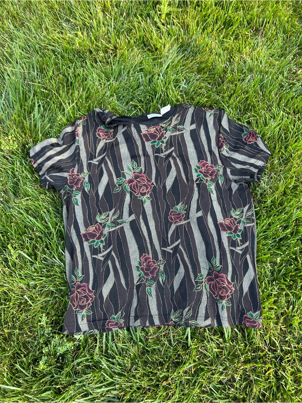 Vintage Blair Boutique  floral Blouse size large rose whimsy black gold 90s